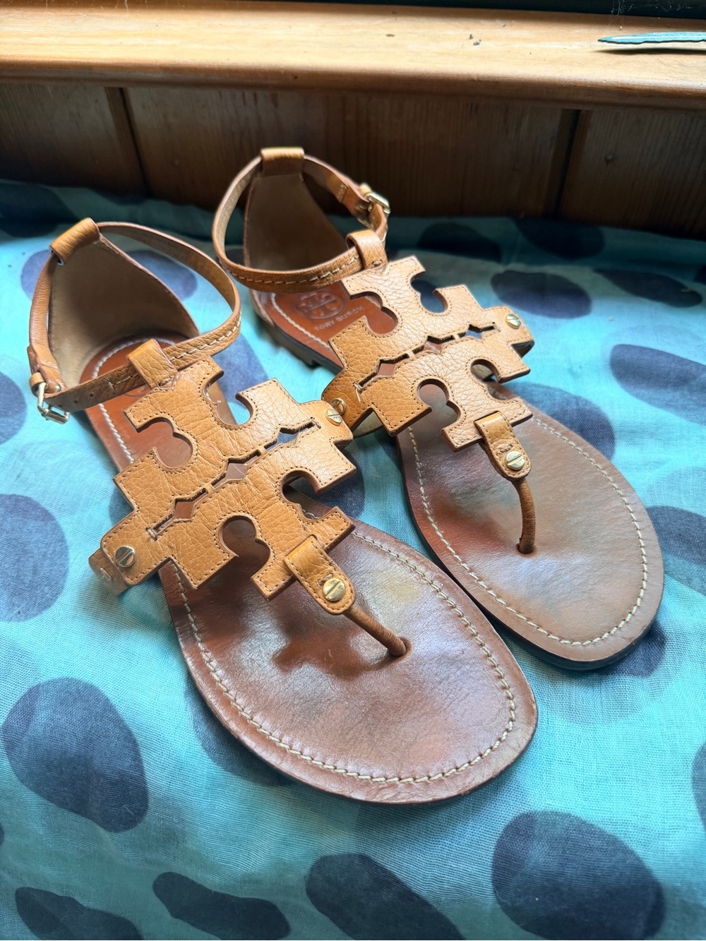 Tory Burch Tan Leather Logo Thong Sandals